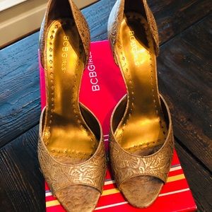 BCBGirls Lyma Washed Tooled Peep Toe Heel